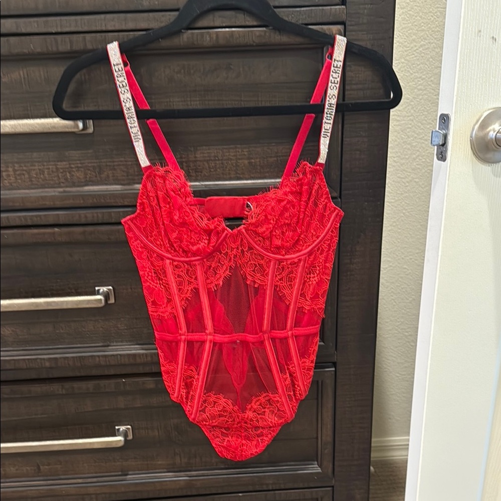 Victoria’s Secret boned Red Lace Bodysuit with Branded Straps